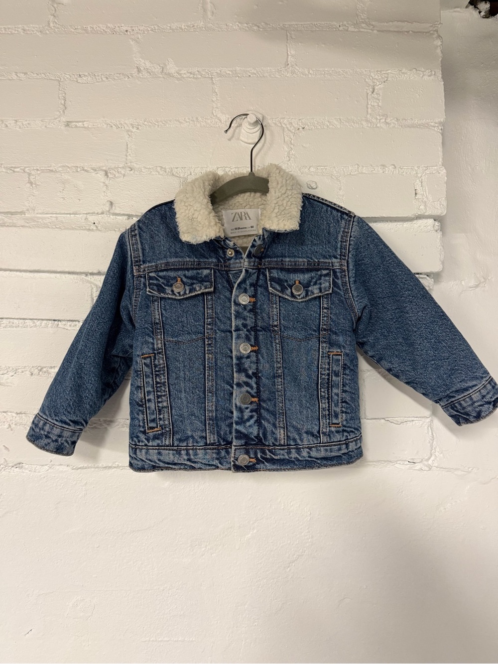 Zara Kids Dark Blue Denim Jacket with Cream Sherpa Collar